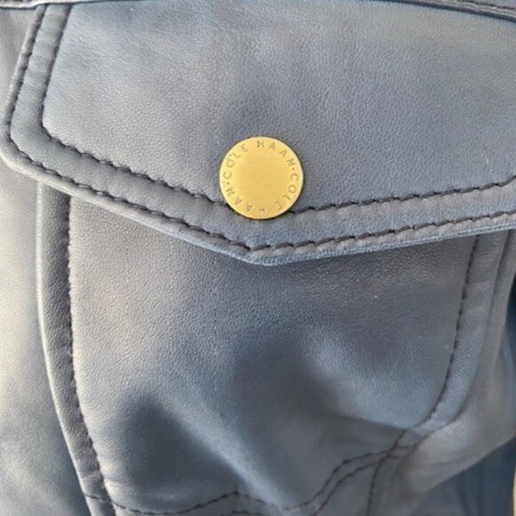 COLE HAAN 100% Leather Indigo Blue Moto Jacket Coat Small - Picture 11 of 12